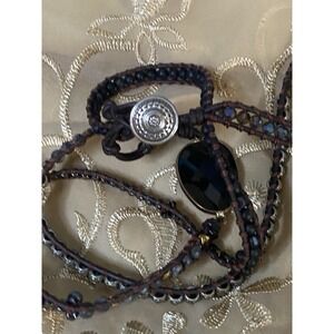 Crystal & Bead Brown Leather Wrap Bracelet - Black /Copper